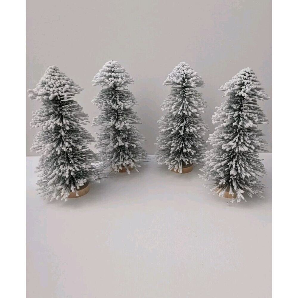 Lot of 4 Flocked Bottle Brush Christmas Trees 9in/22.86cm Tall 4in/10.16cm Wide